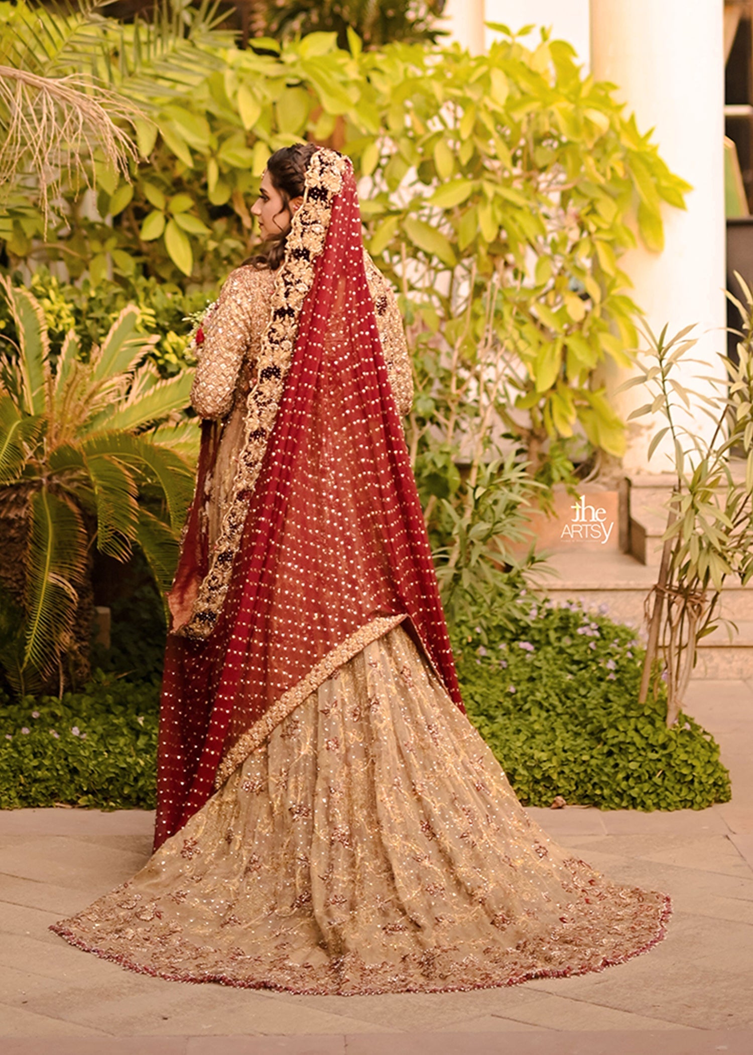 Antique Gold Embellished Net Silk Bridal Gown (2-Piece) - Image 11