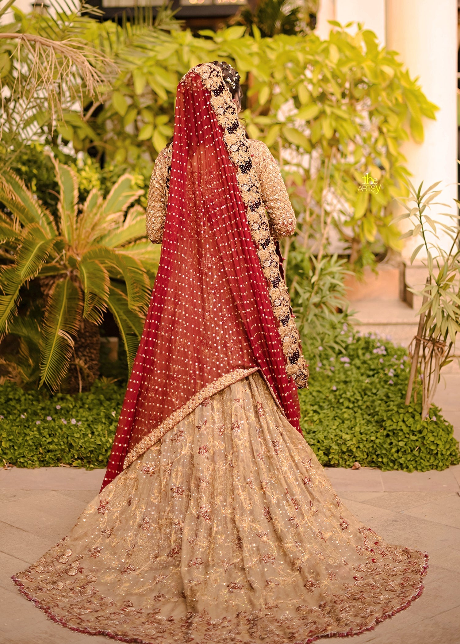 Antique Gold Embellished Net Silk Bridal Gown (2-Piece) - Image 12