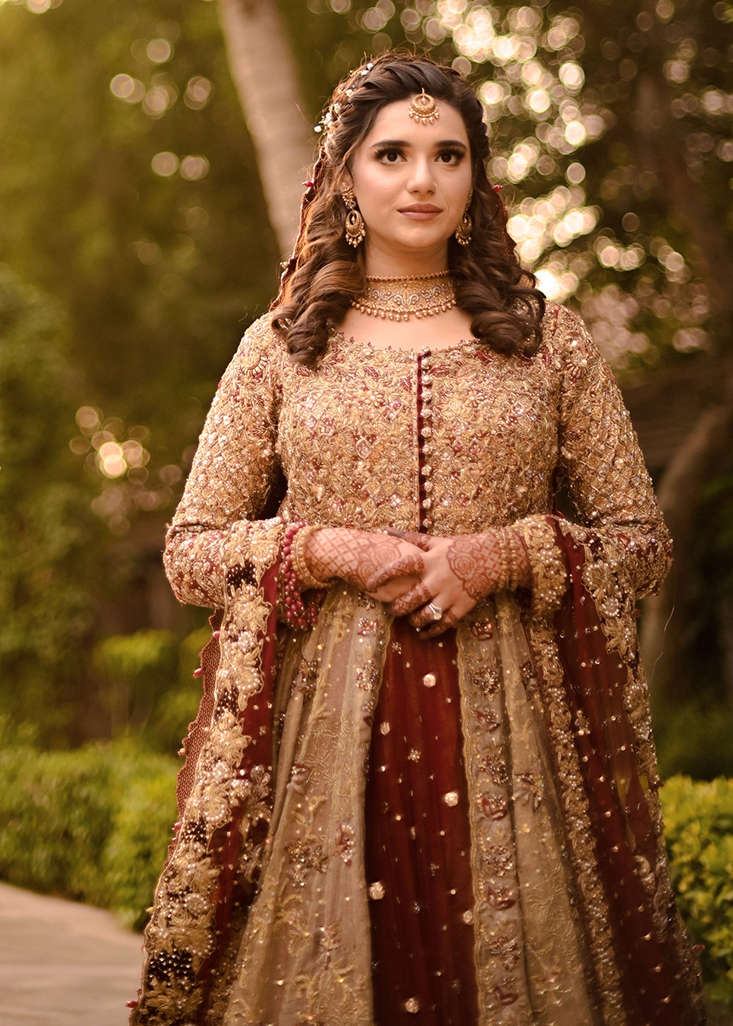 Antique Gold Embellished Net Silk Bridal Gown (2-Piece) - Image 13