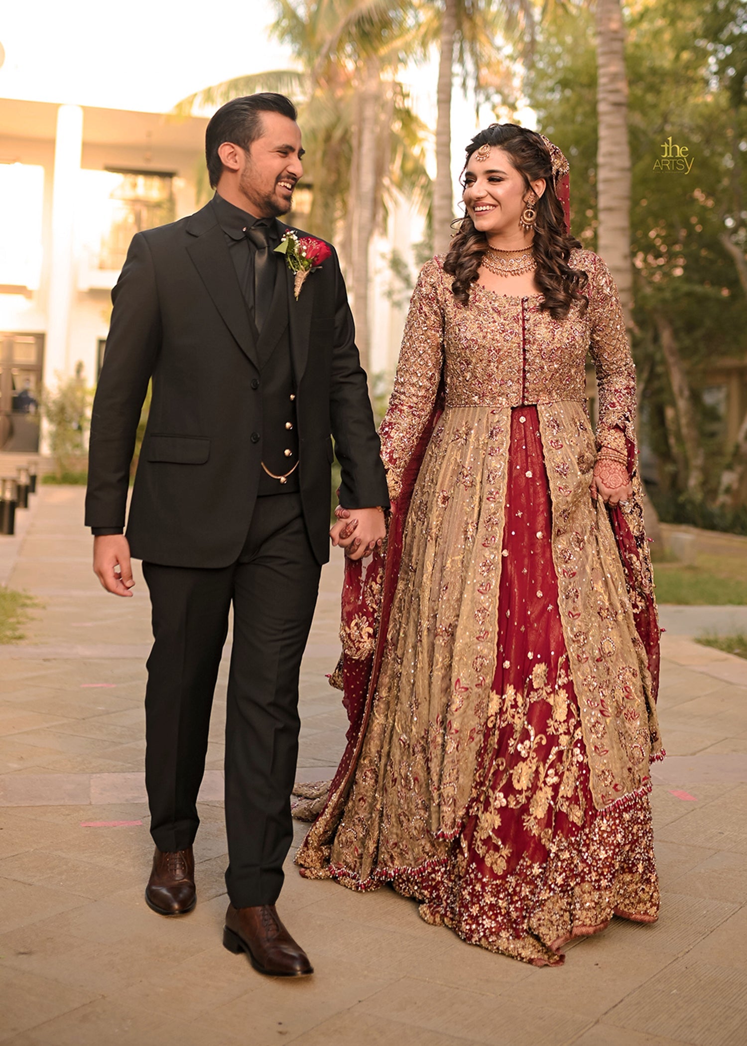 Antique Gold Embellished Net Silk Bridal Gown (2-Piece) - Image 14