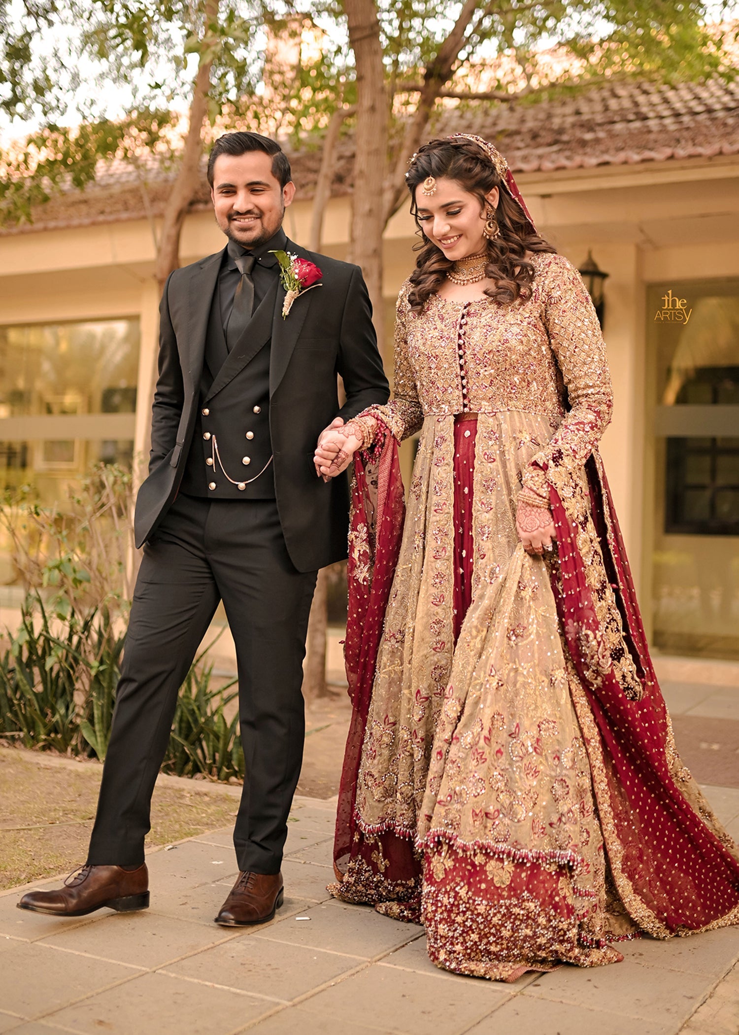 Antique Gold Embellished Net Silk Bridal Gown (2-Piece) - Image 15