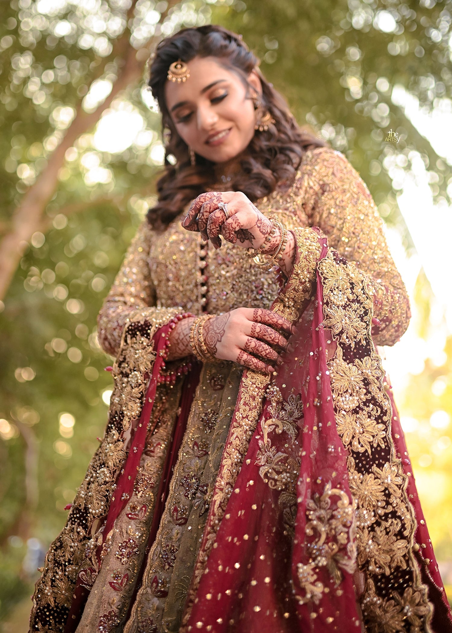 Antique Gold Embellished Net Silk Bridal Gown (2-Piece) - Image 2