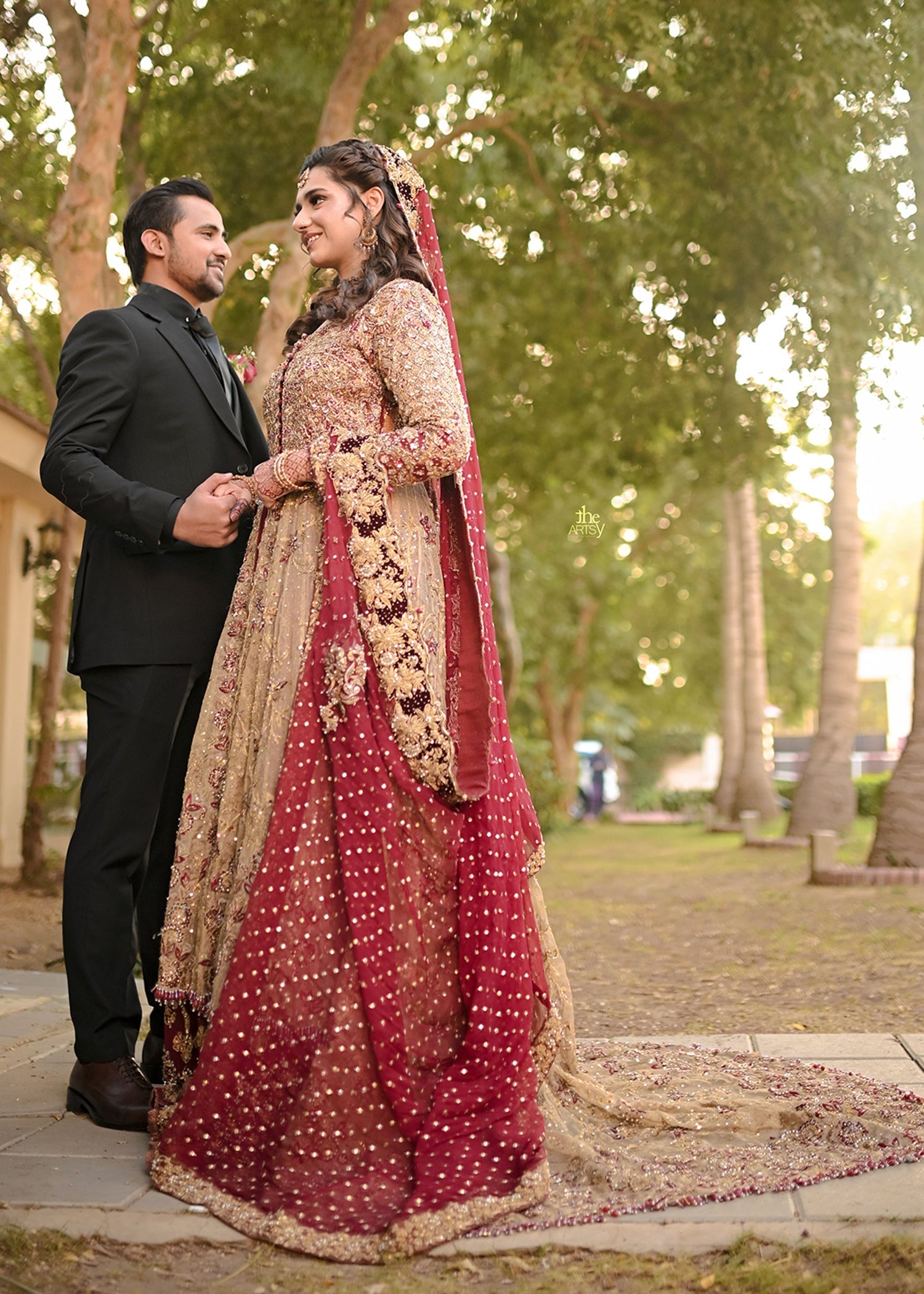 Antique Gold Embellished Net Silk Bridal Gown (2-Piece) - Image 3