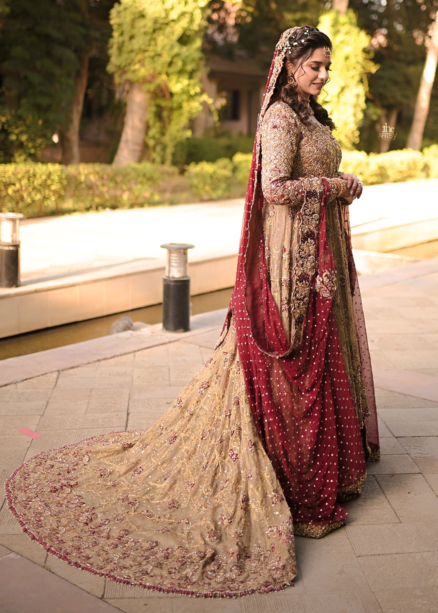 Antique Gold Embellished Net Silk Bridal Gown (2-Piece) - Image 4