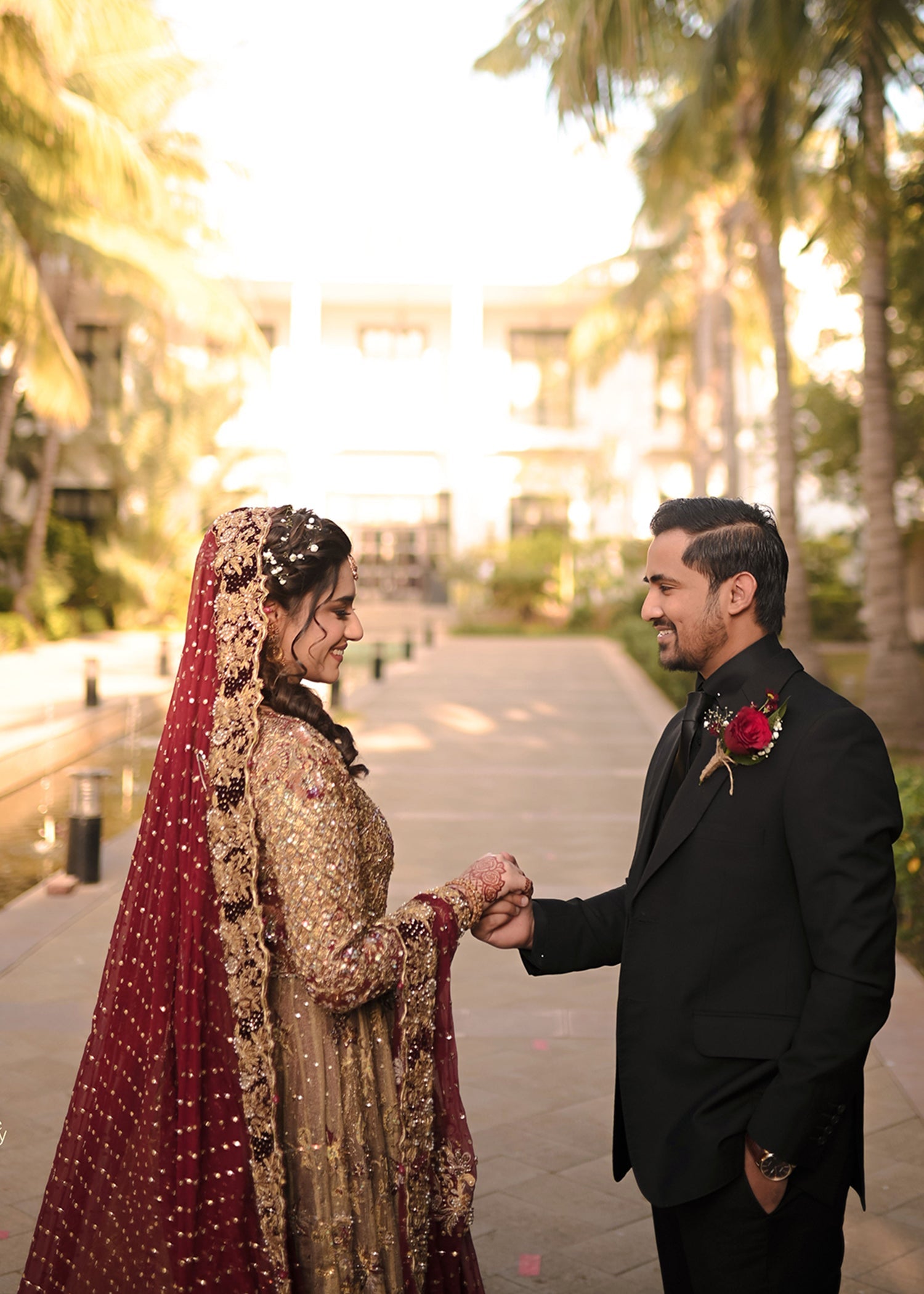 Antique Gold Embellished Net Silk Bridal Gown (2-Piece) - Image 5