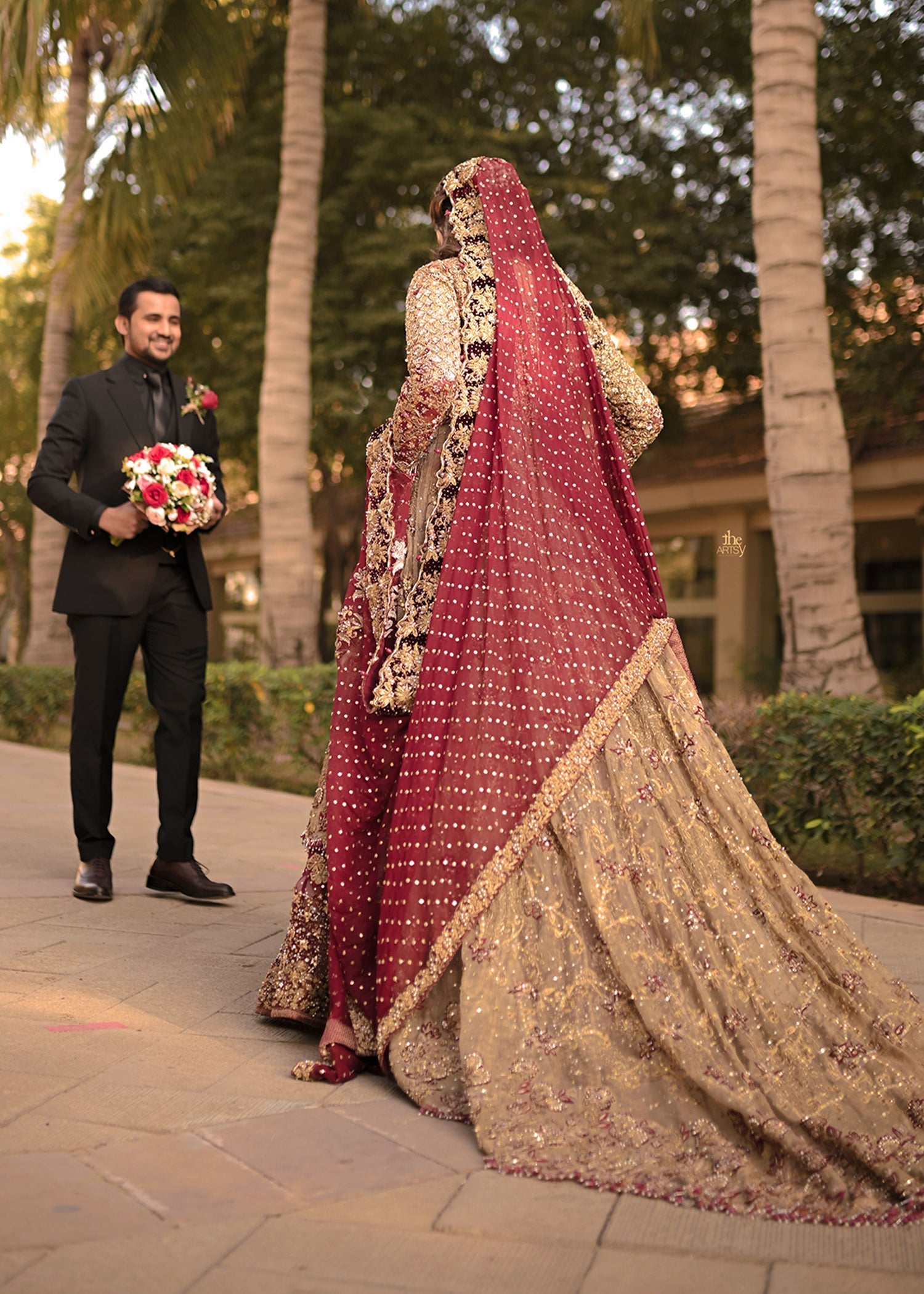 Antique Gold Embellished Net Silk Bridal Gown (2-Piece) - Image 7