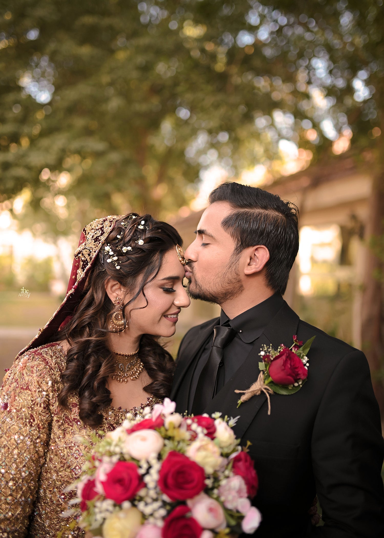 Antique Gold Embellished Net Silk Bridal Gown (2-Piece) - Image 8