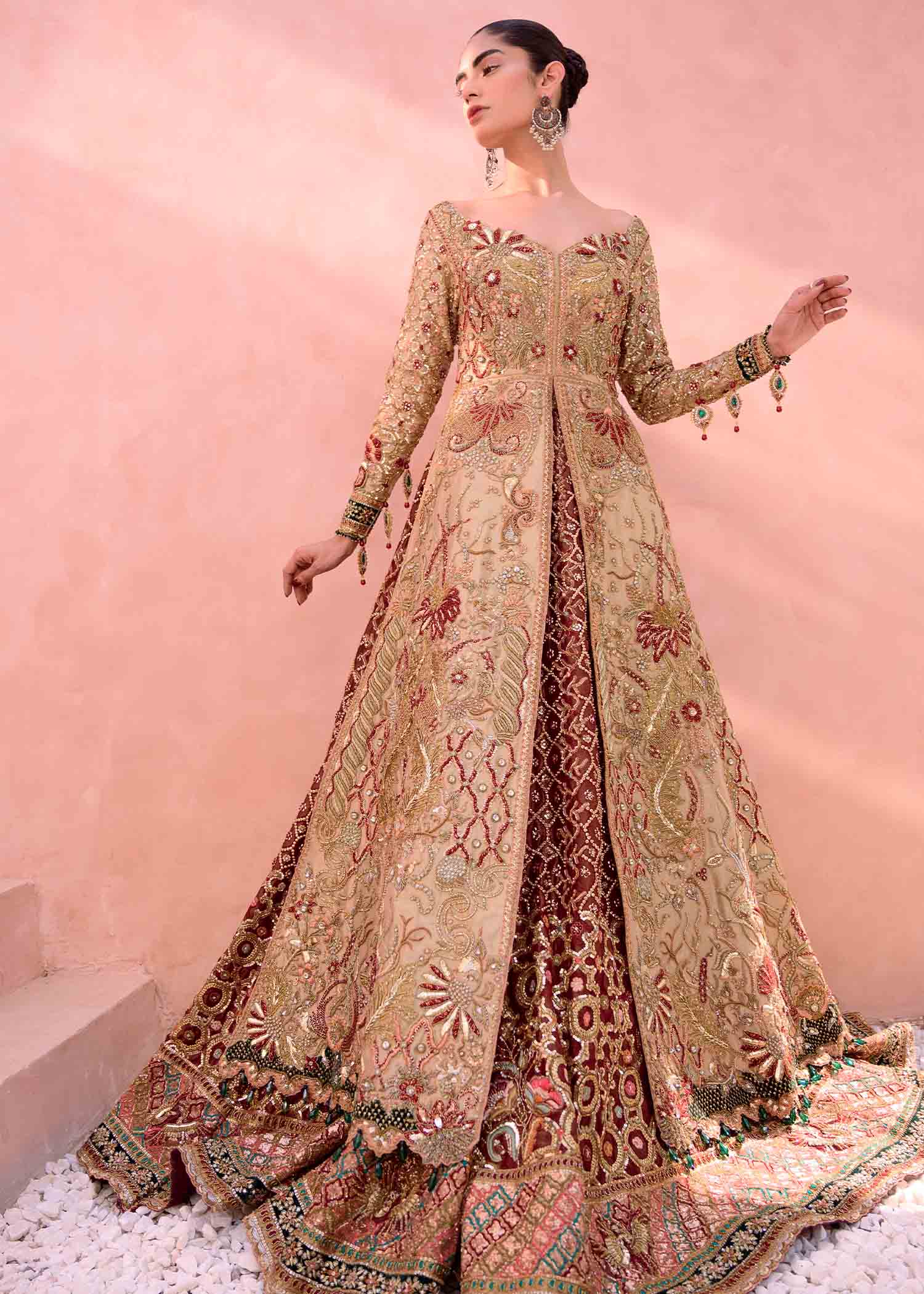 Pakistani Gold Maroon Embellished Silk-Blend Bridal Gown (2-Piece) - Image 1