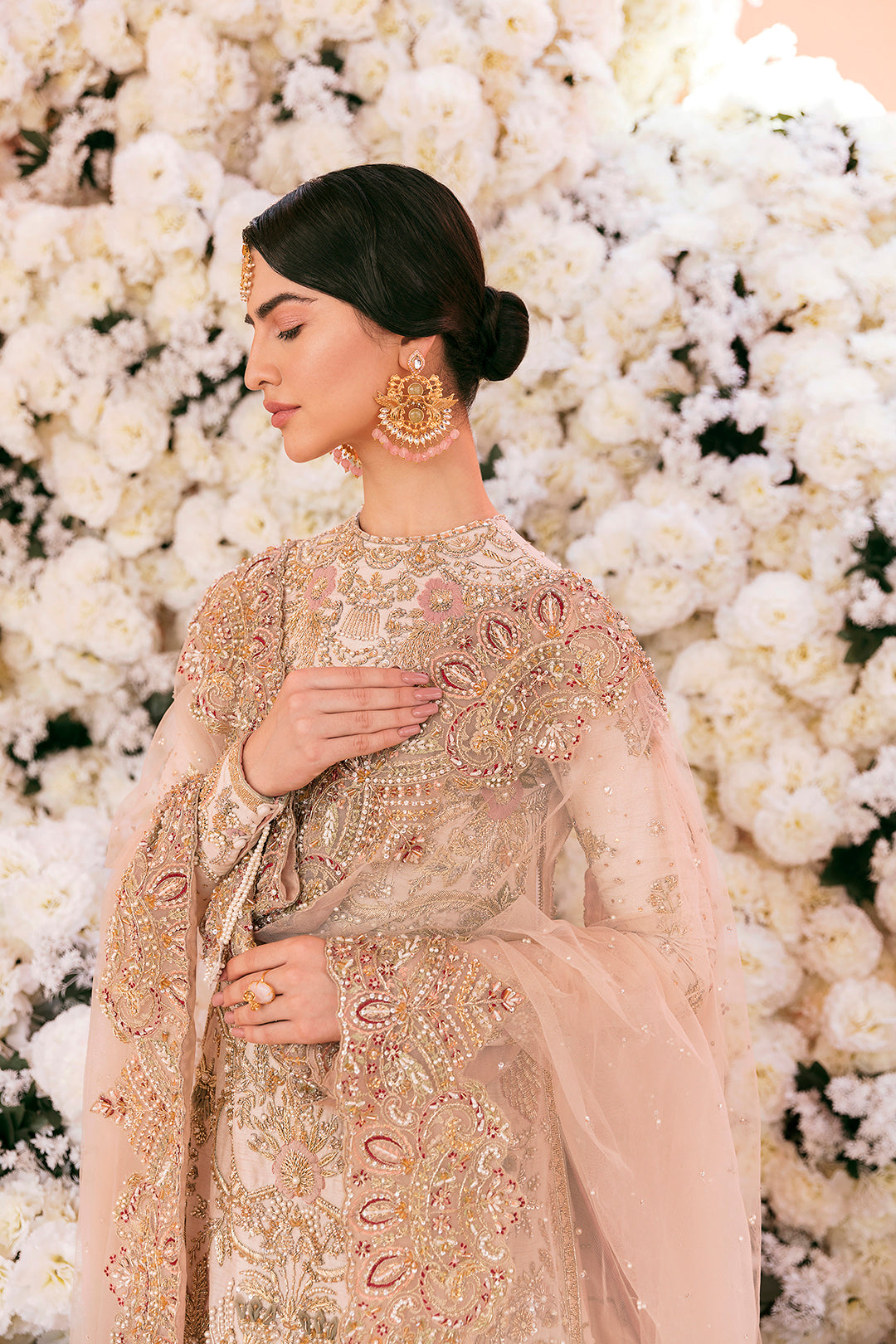 Pakistani Champagne Gold Embellished Silk-Organza Bridal Gown (2-Piece) - Image 2