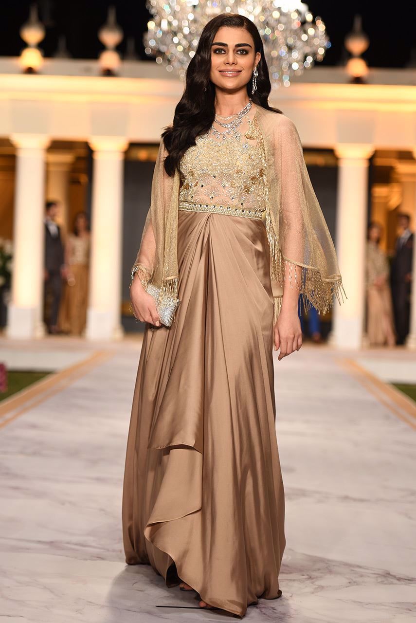 Dull Gold Embellished Silk Gown (3-Piece) - Image 1