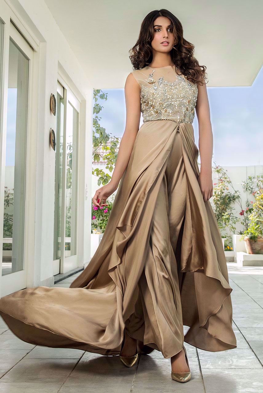 Pakistani Dull Gold Embellished Silk Gown (4-Piece) - Image 1