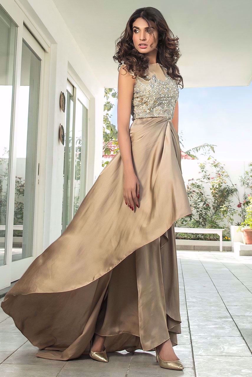 Pakistani Dull Gold Embellished Silk Gown (4-Piece) - Image 2