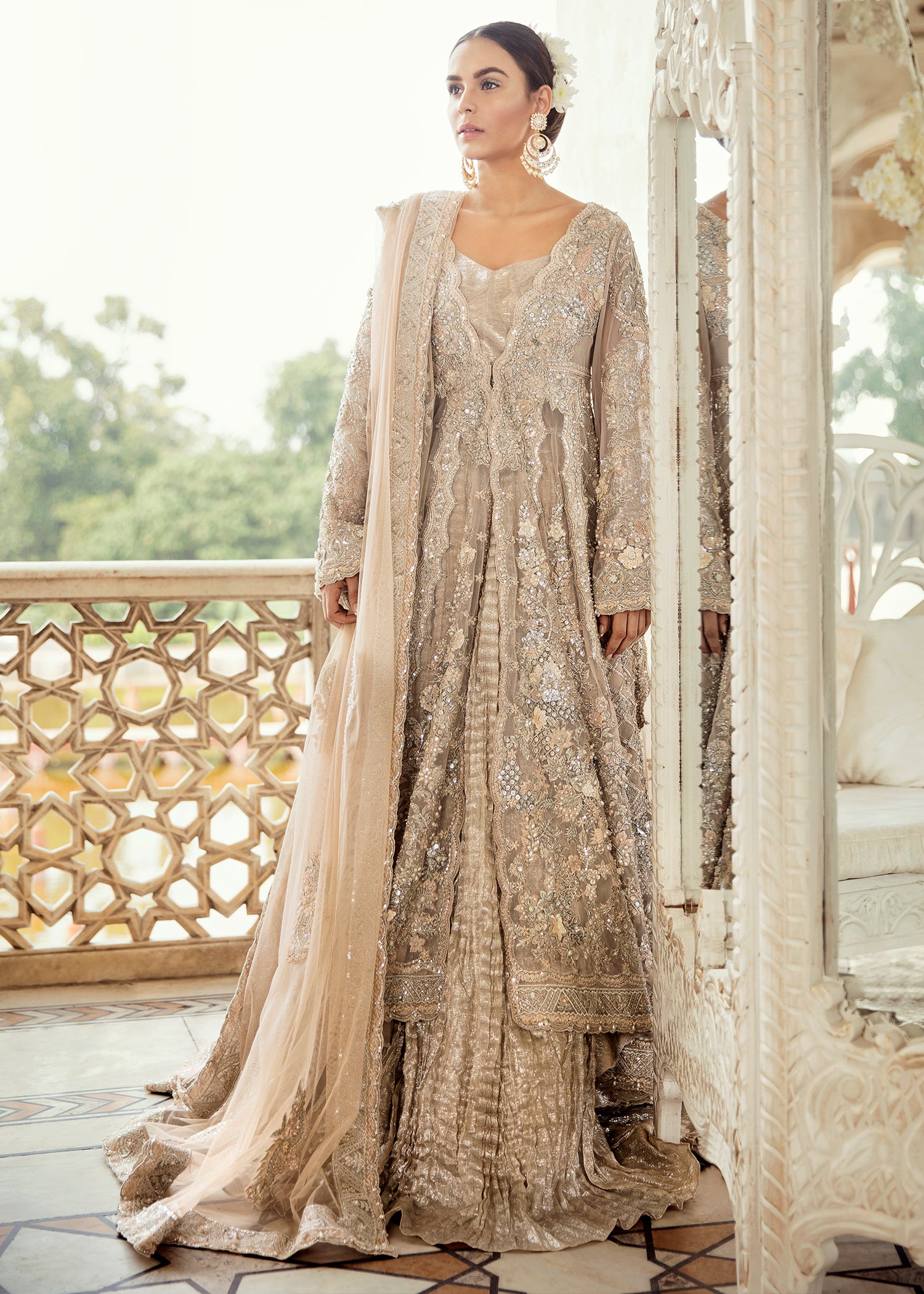 Pakistani Champagne Embellished Silk-Blend Bridal Gown (2-Piece) - Image 1