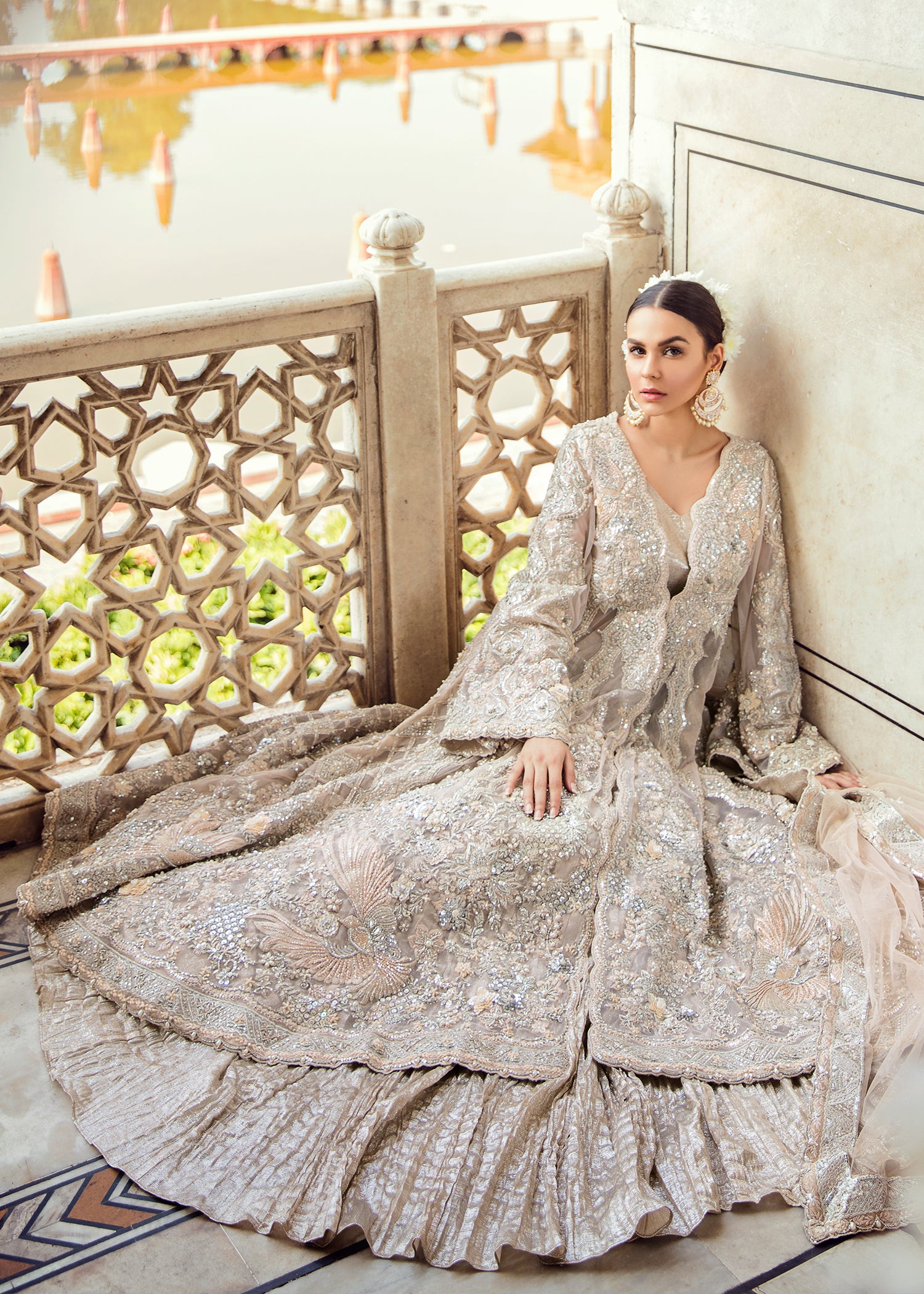 Pakistani Champagne Embellished Silk-Blend Bridal Gown (2-Piece) - Image 2