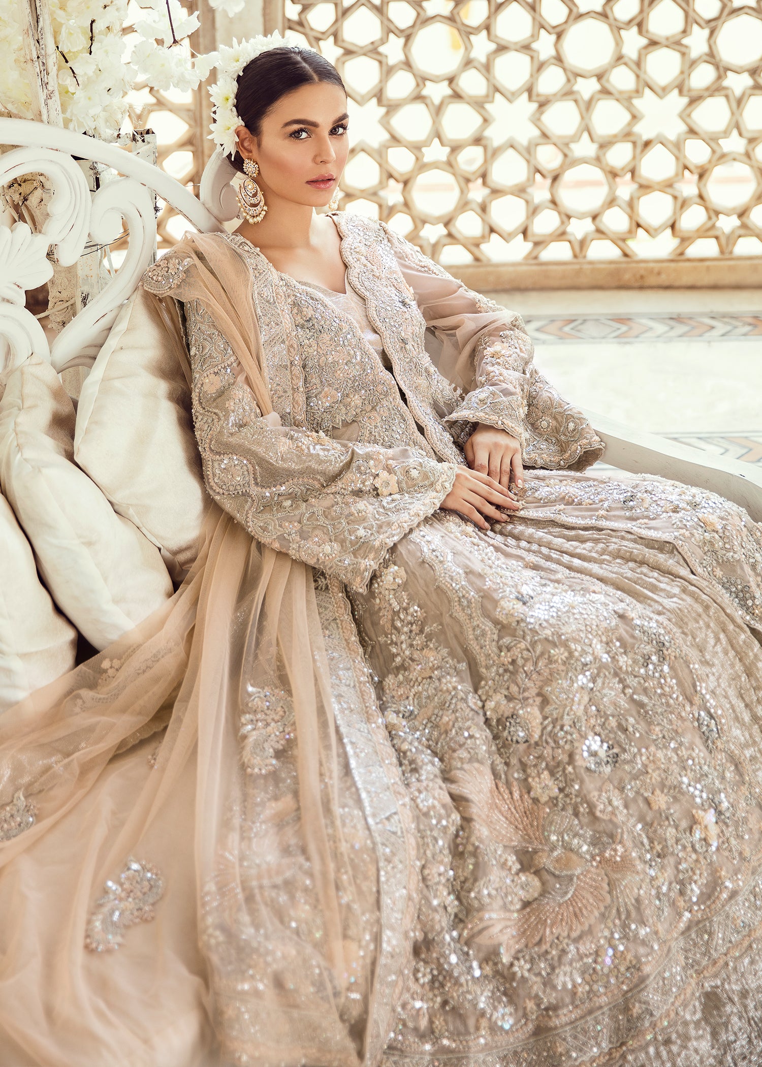 Pakistani Champagne Embellished Silk-Blend Bridal Gown (2-Piece) - Image 3