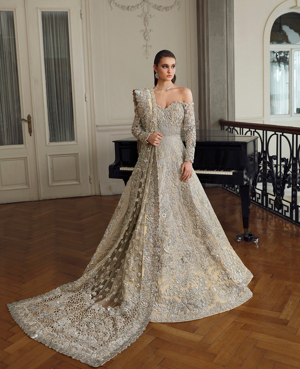 Champagne Embellished Net Silk Gown (2-Piece) - Image 1