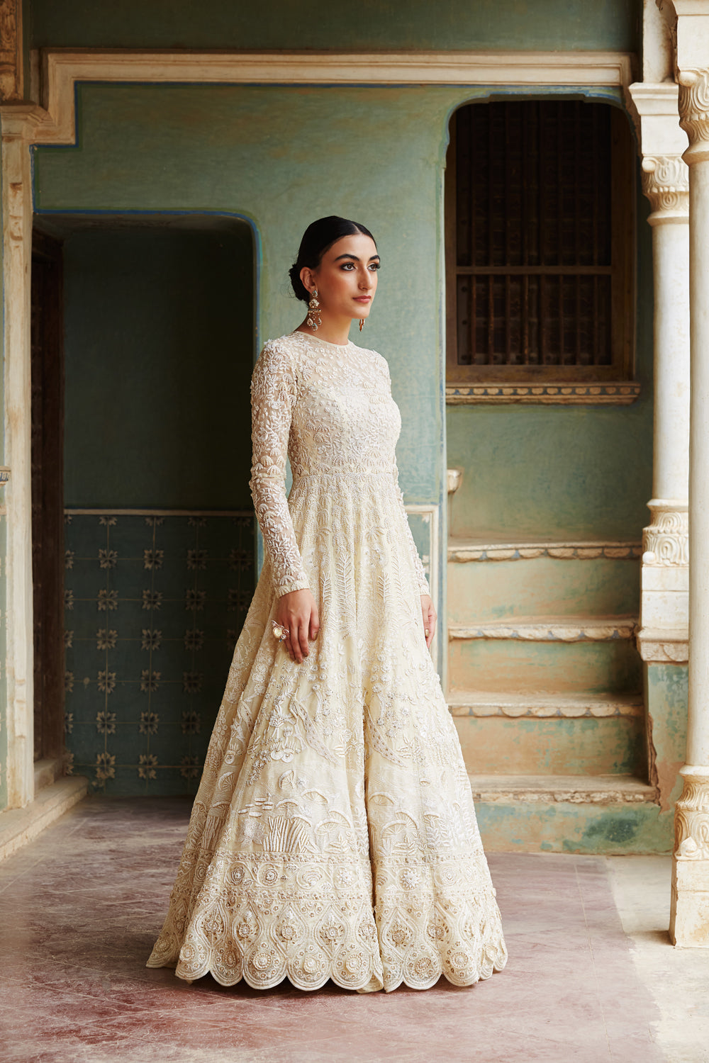 Indian Yellow Gold Hand Embroidered Silk Organza Gown (1-Pc) - Image 1