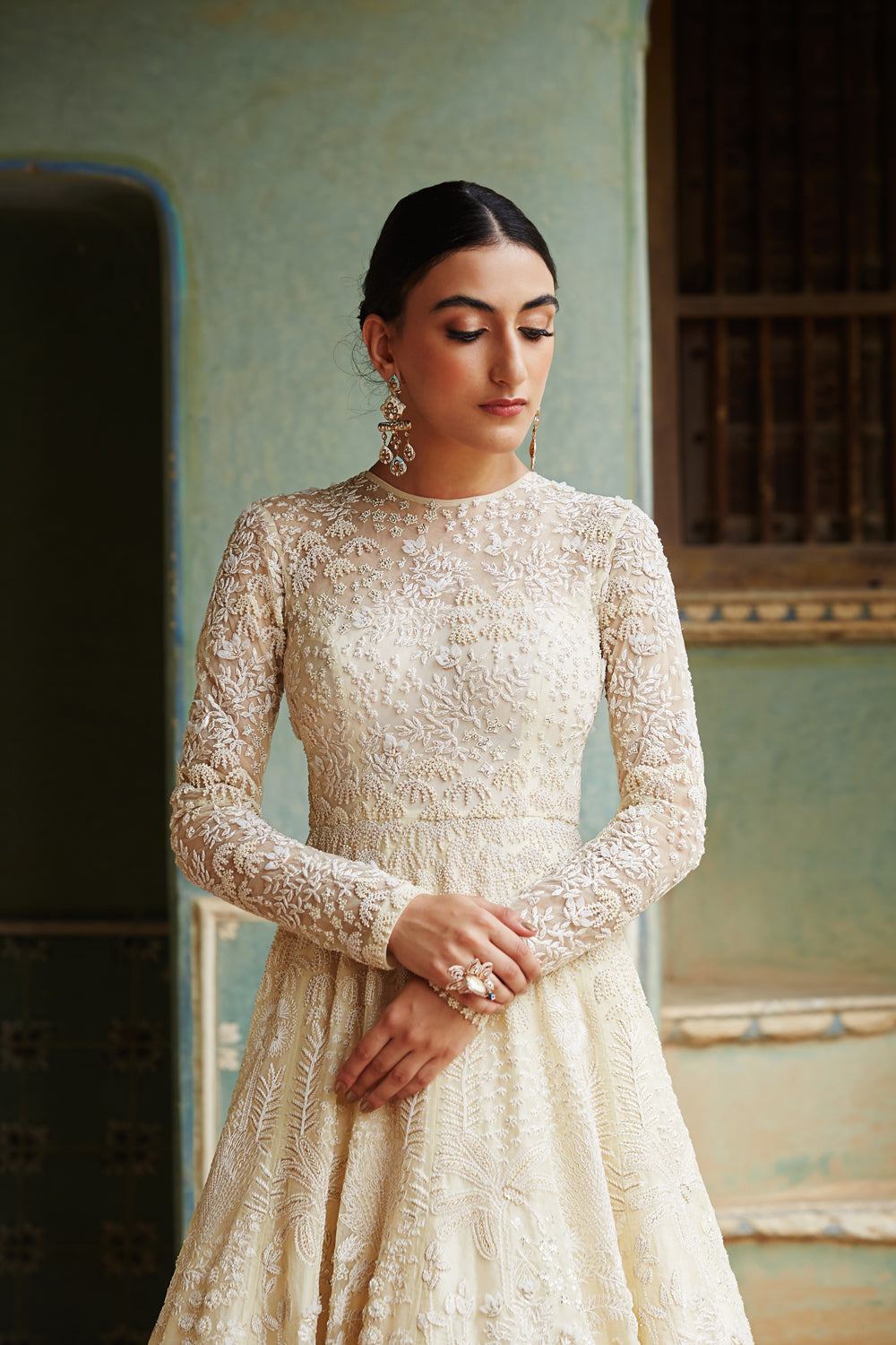 Indian Yellow Gold Hand Embroidered Silk Organza Gown (1-Pc) - Image 2