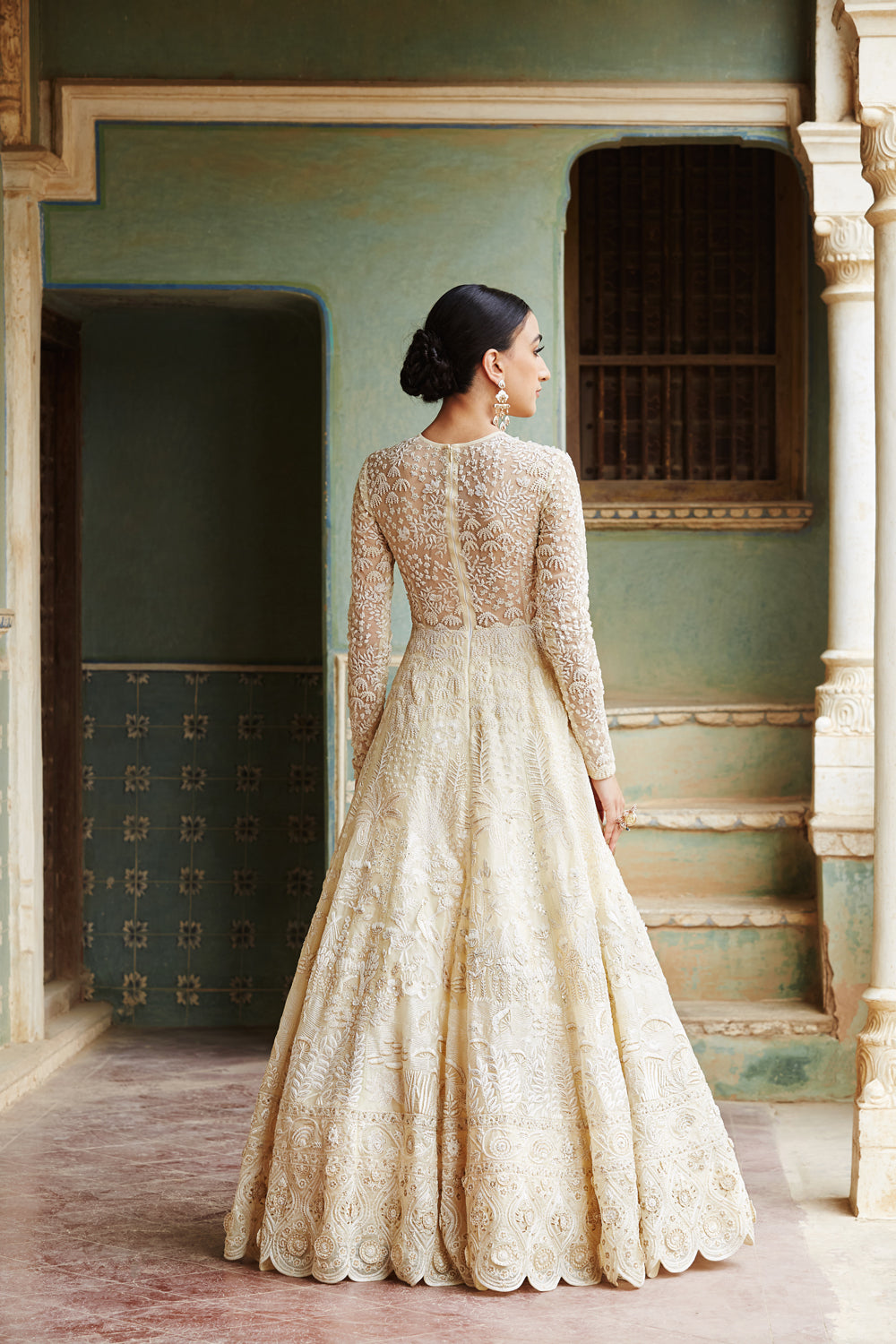 Indian Yellow Gold Hand Embroidered Silk Organza Gown (1-Pc) - Image 3