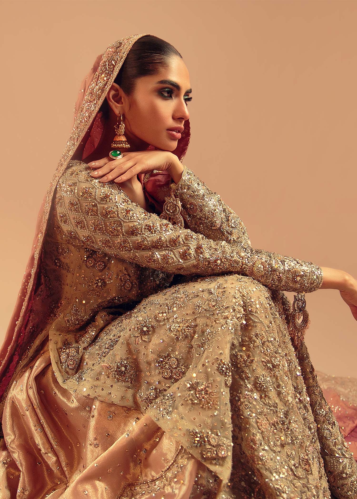 Pakistani Champagne Gold Embellished Net Silk-Satin Bridal Gown (2-Piece) - Image 2