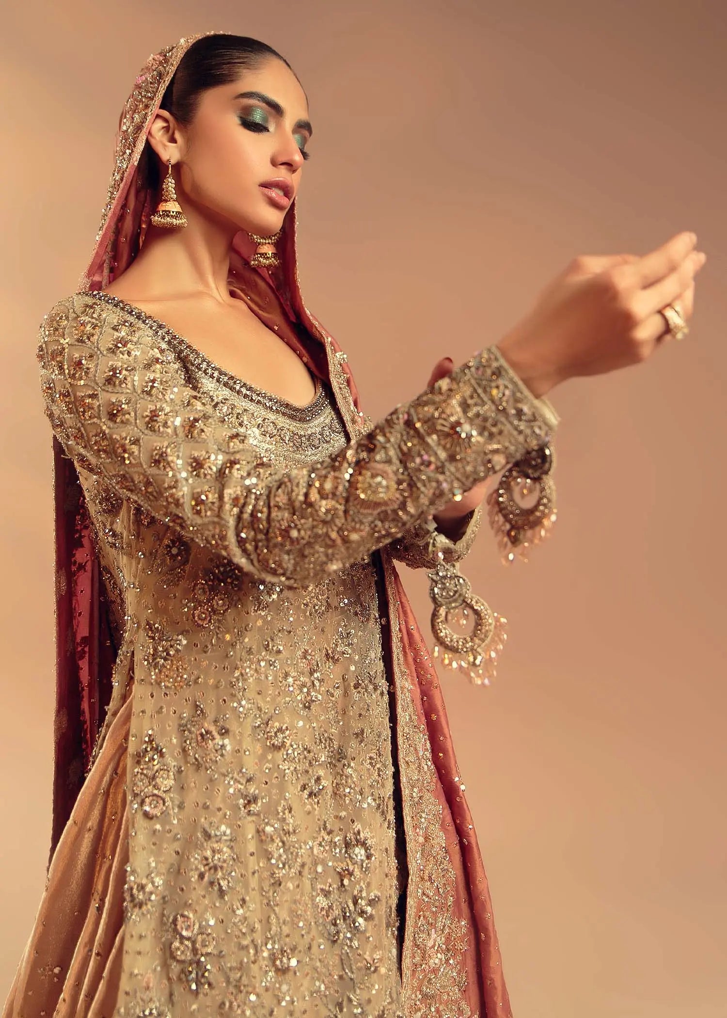 Champagne Gold Embellished Net Silk Bridal Gown (2-Piece) - Image 4