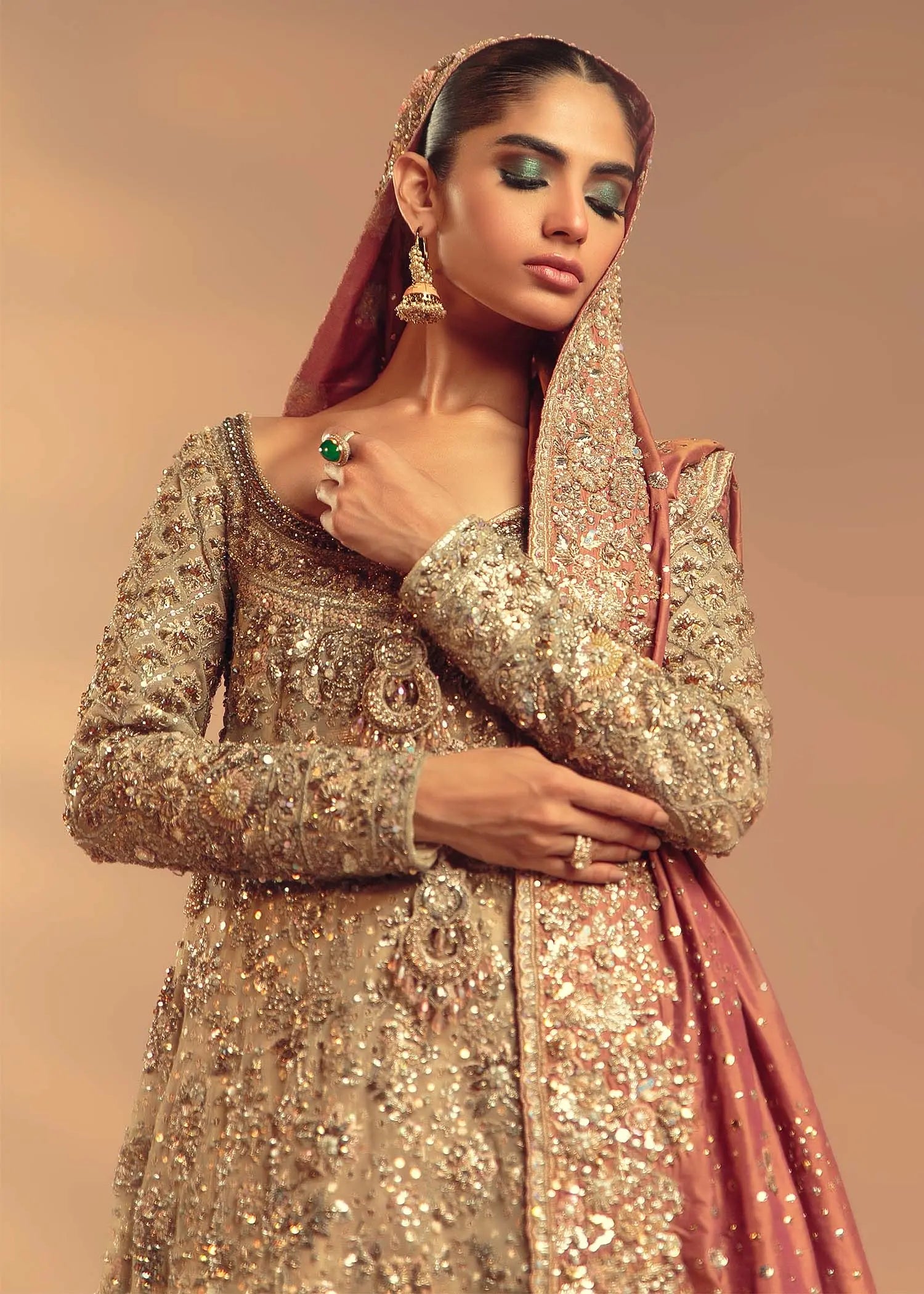 Champagne Gold Embellished Net Silk Bridal Gown (2-Piece) - Image 6