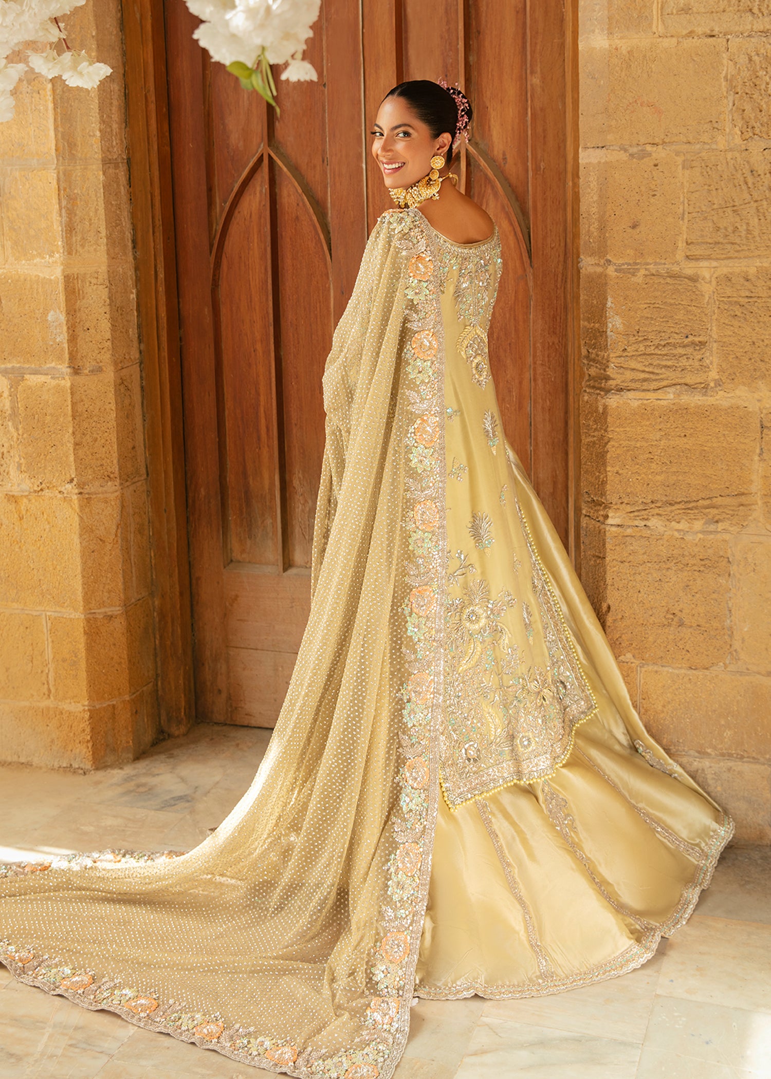 Lime Gold Embellished Silk-Satin Bridal Gown (2-Piece) - Image 3