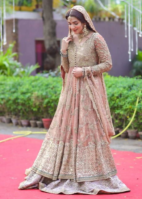 Pakistani Blush Gold Embellished Net Silk Bridal Gown (2-Piece) - Image 1