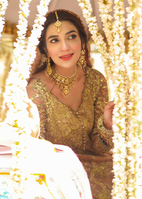 Pakistani Blush Gold Embellished Net Silk Bridal Gown (2-Piece) - Image 10