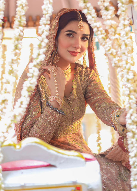 Pakistani Blush Gold Embellished Net Silk Bridal Gown (2-Piece) - Image 11