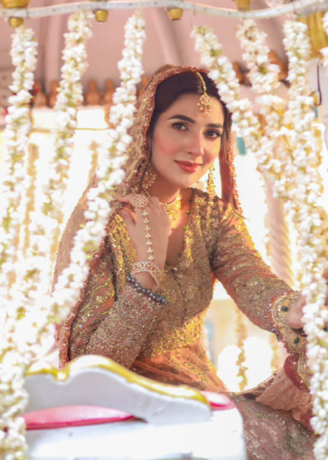 Pakistani Blush Gold Embellished Net Silk Bridal Gown (2-Piece) - Image 12