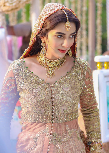 Pakistani Blush Gold Embellished Net Silk Bridal Gown (2-Piece) - Image 13