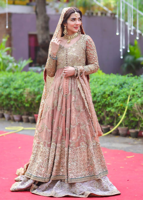 Pakistani Blush Gold Embellished Net Silk Bridal Gown (2-Piece) - Image 14