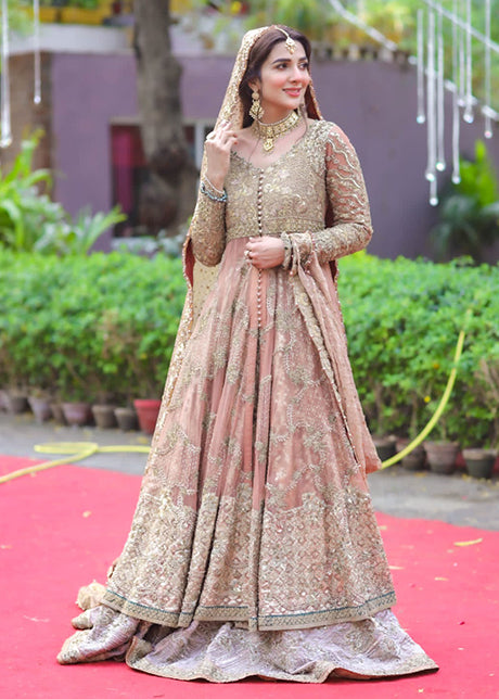 Pakistani Blush Gold Embellished Net Silk Bridal Gown (2-Piece) - Image 15