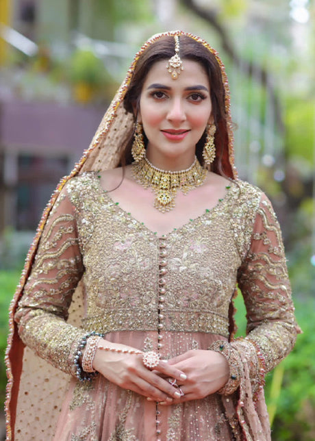 Pakistani Blush Gold Embellished Net Silk Bridal Gown (2-Piece) - Image 3