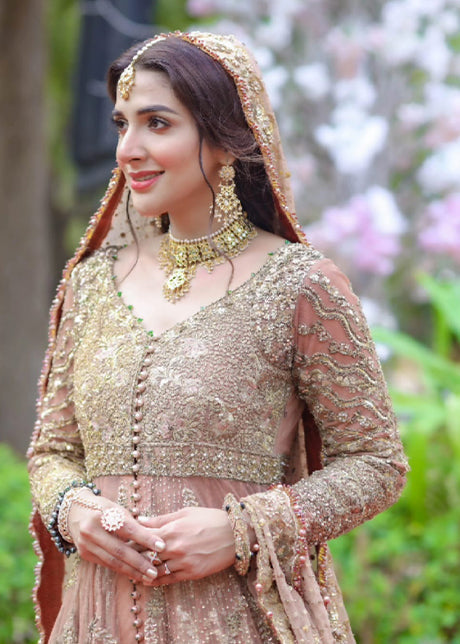 Pakistani Blush Gold Embellished Net Silk Bridal Gown (2-Piece) - Image 5