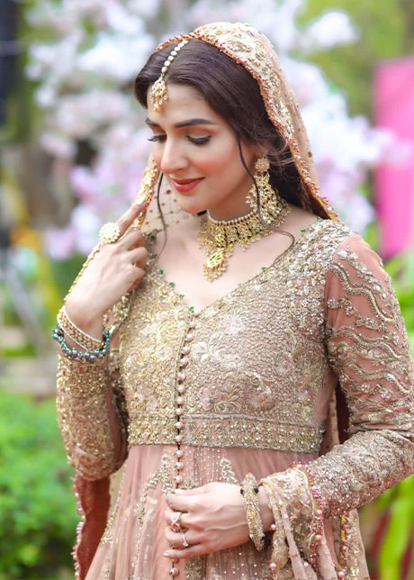 Pakistani Blush Gold Embellished Net Silk Bridal Gown (2-Piece) - Image 6