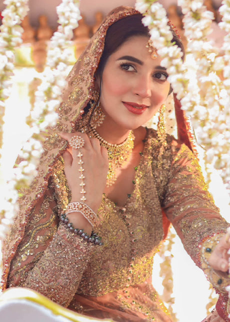Pakistani Blush Gold Embellished Net Silk Bridal Gown (2-Piece) - Image 9