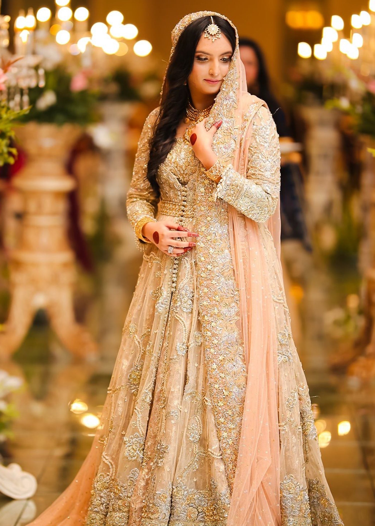 Pakistani Champagne Gold Embellished Net Silk Bridal Gown (2-Piece) - Image 1