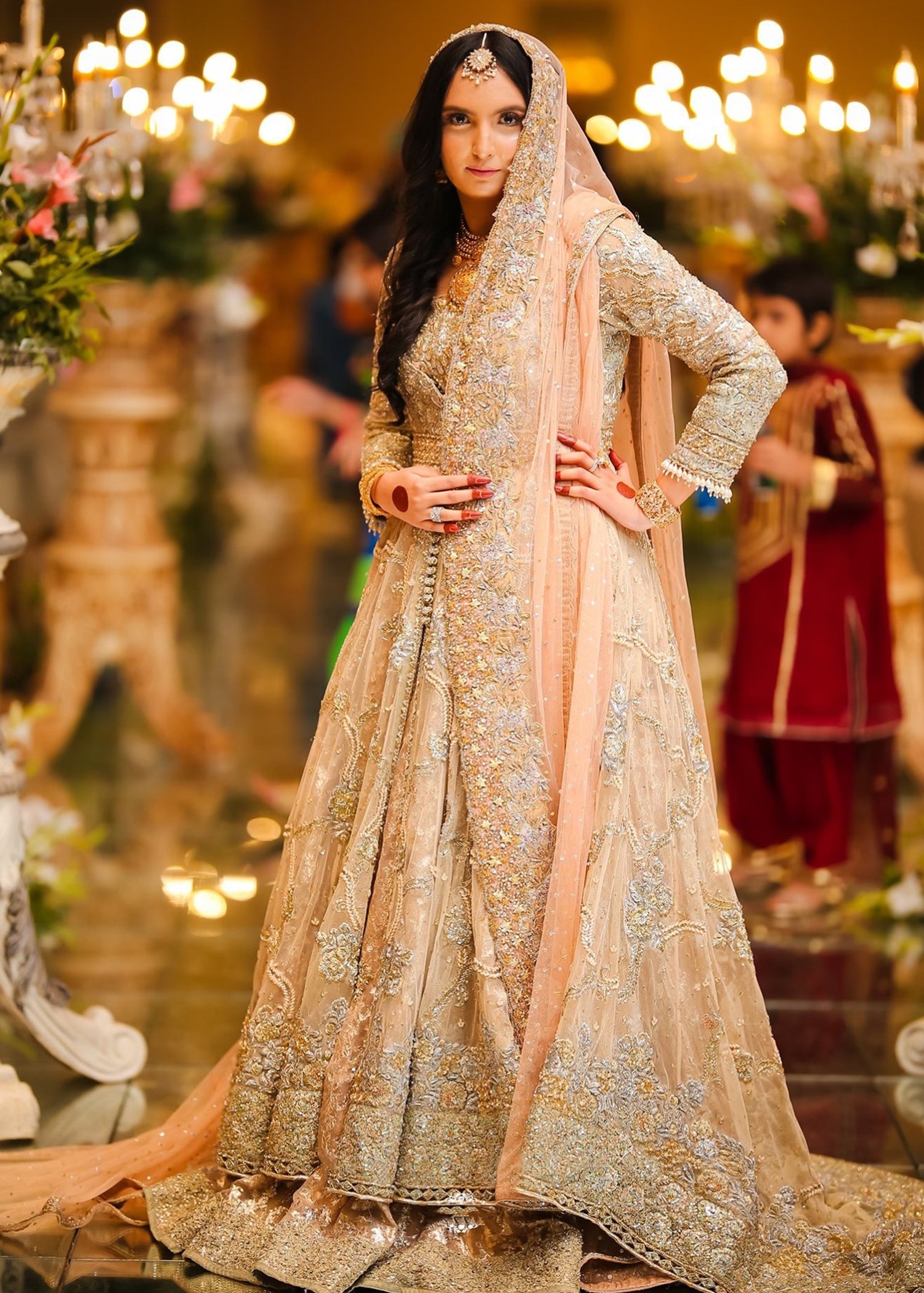 Pakistani Champagne Gold Embellished Net Silk Bridal Gown (2-Piece) - Image 2