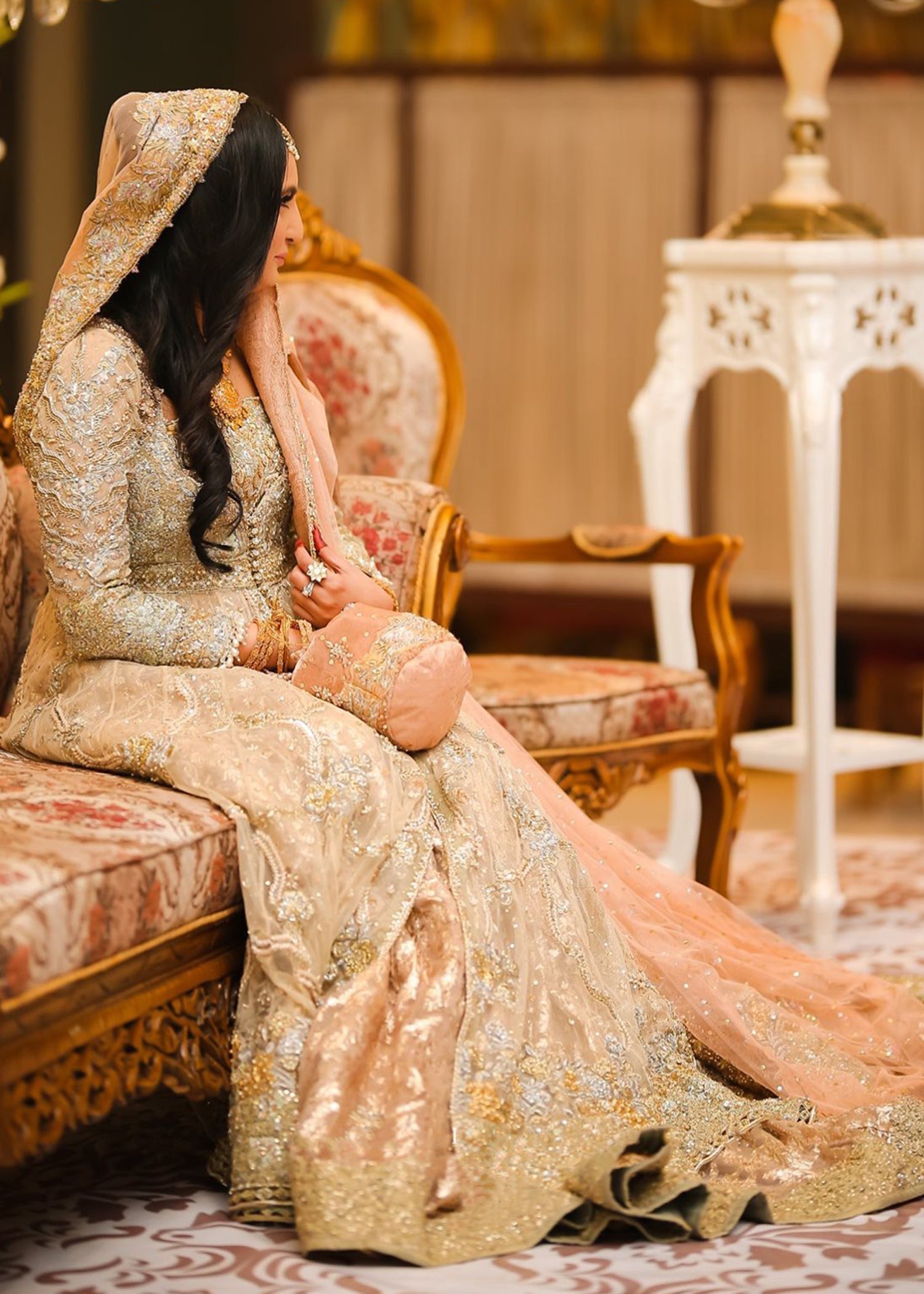 Pakistani Champagne Gold Embellished Net Silk Bridal Gown (2-Piece) - Image 3