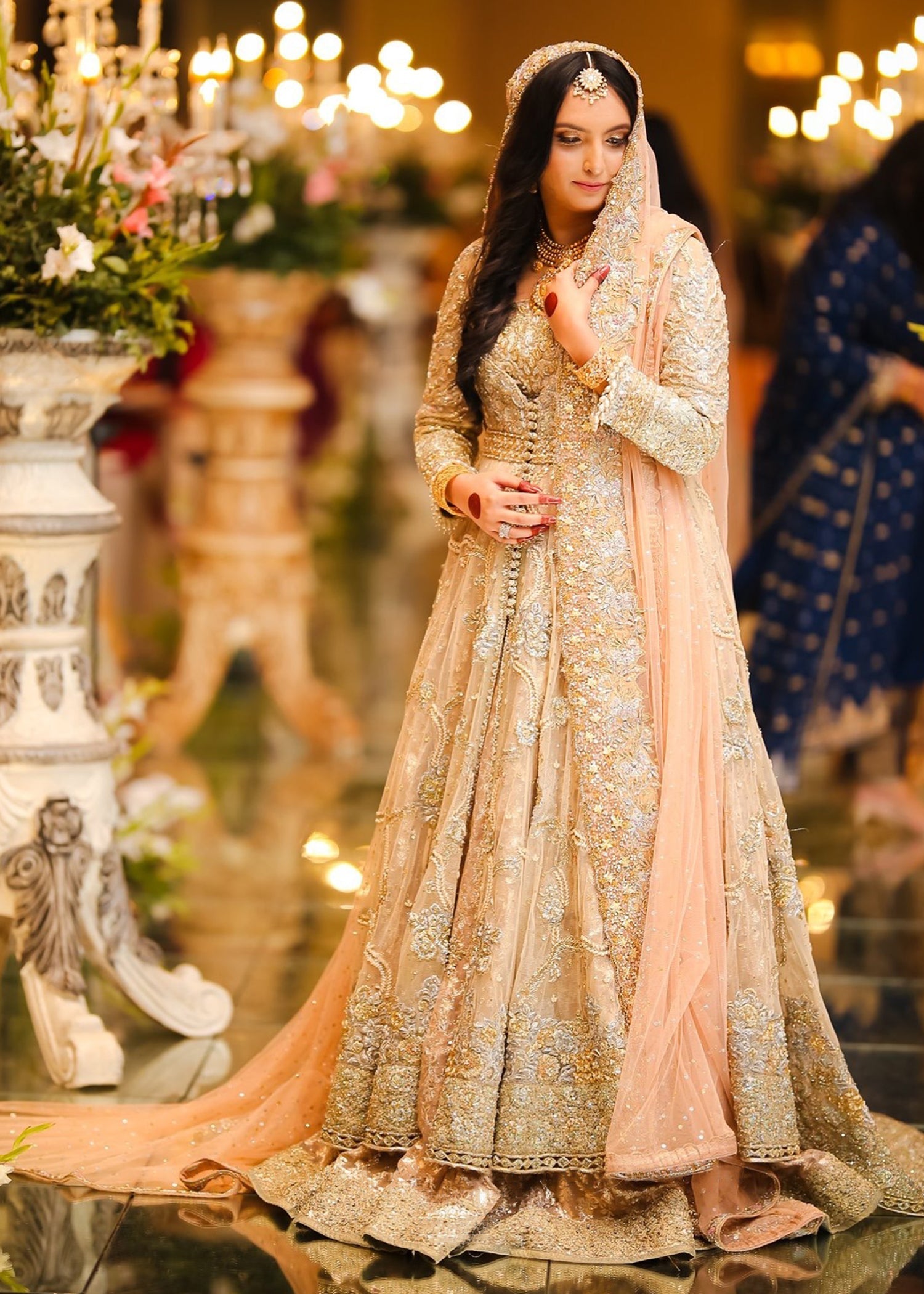 Pakistani Champagne Gold Embellished Net Silk Bridal Gown (2-Piece) - Image 4