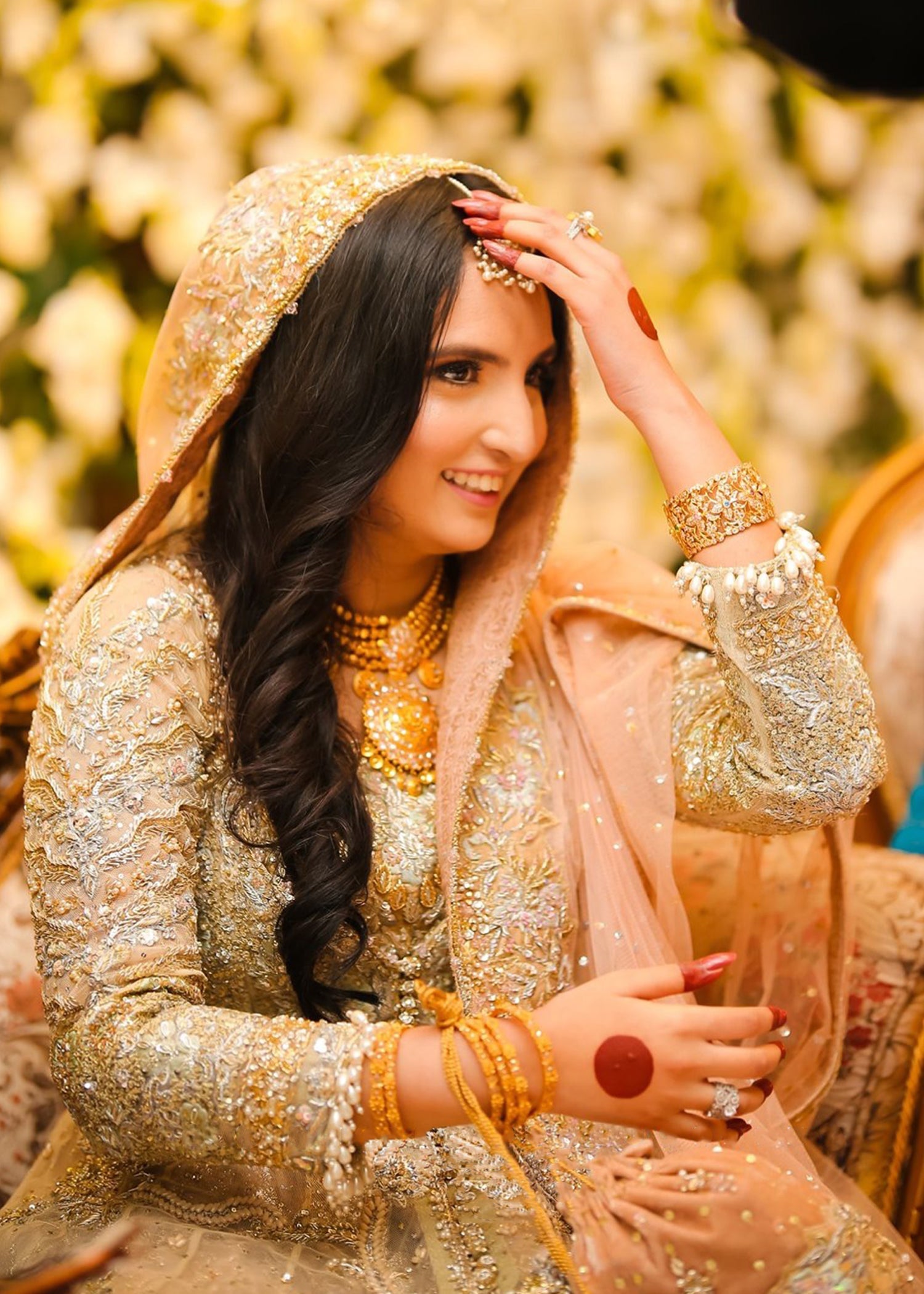 Pakistani Champagne Gold Embellished Net Silk Bridal Gown (2-Piece) - Image 5