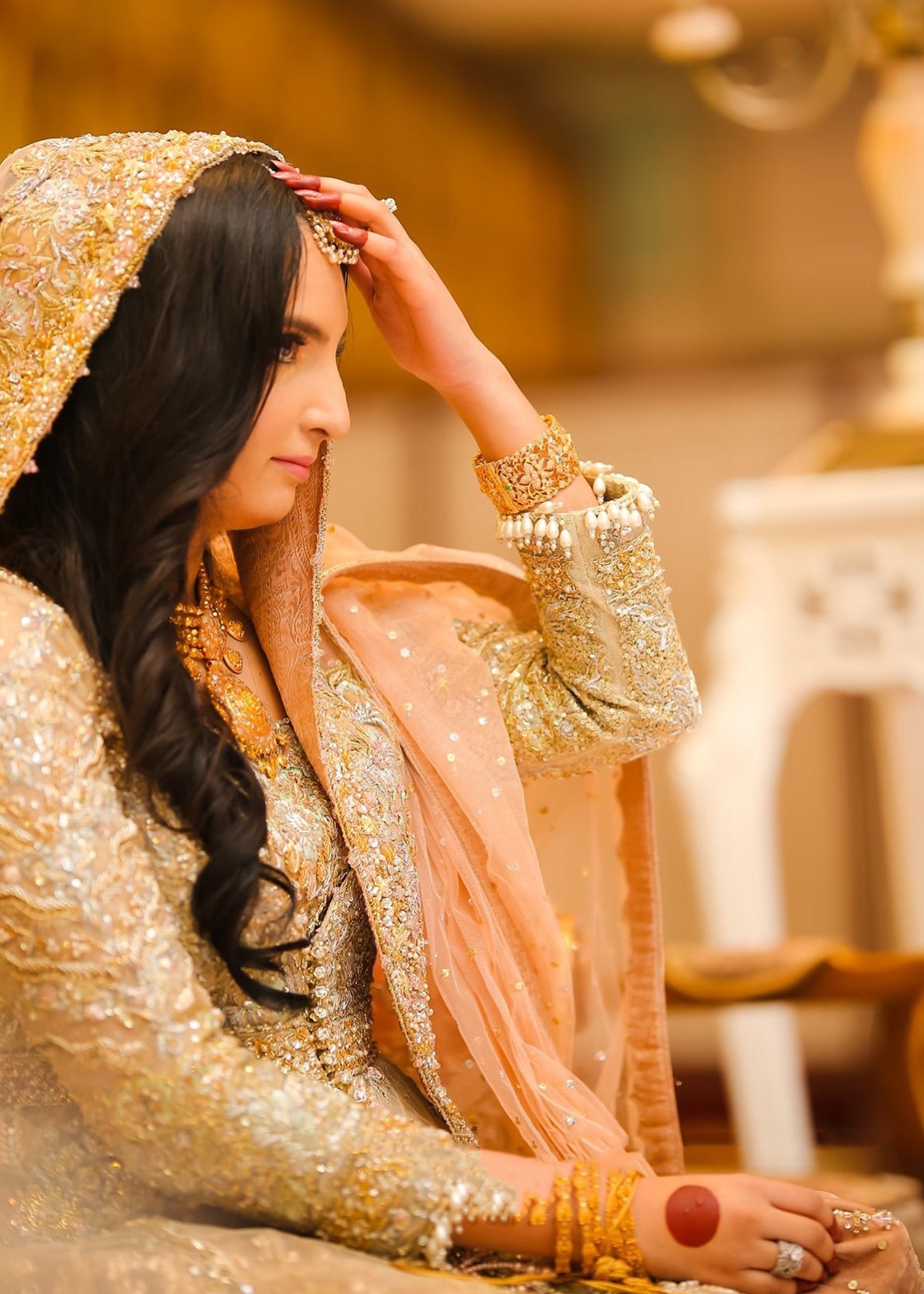 Pakistani Champagne Gold Embellished Net Silk Bridal Gown (2-Piece) - Image 6