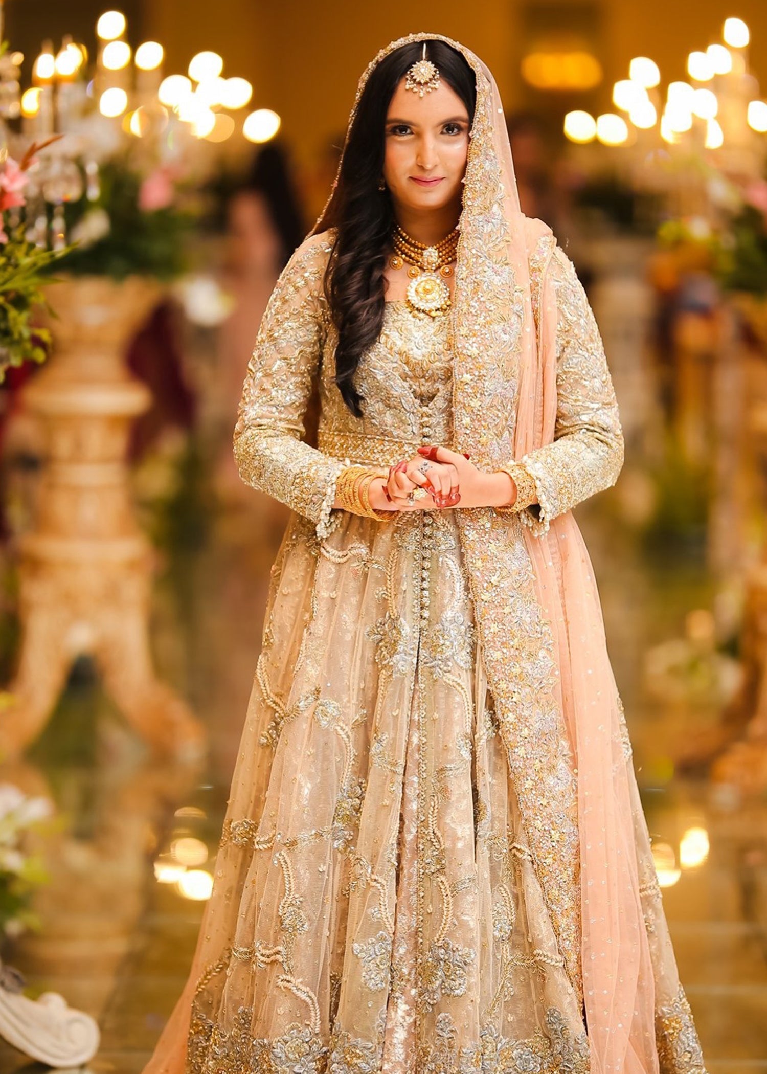 Pakistani Champagne Gold Embellished Net Silk Bridal Gown (2-Piece) - Image 7