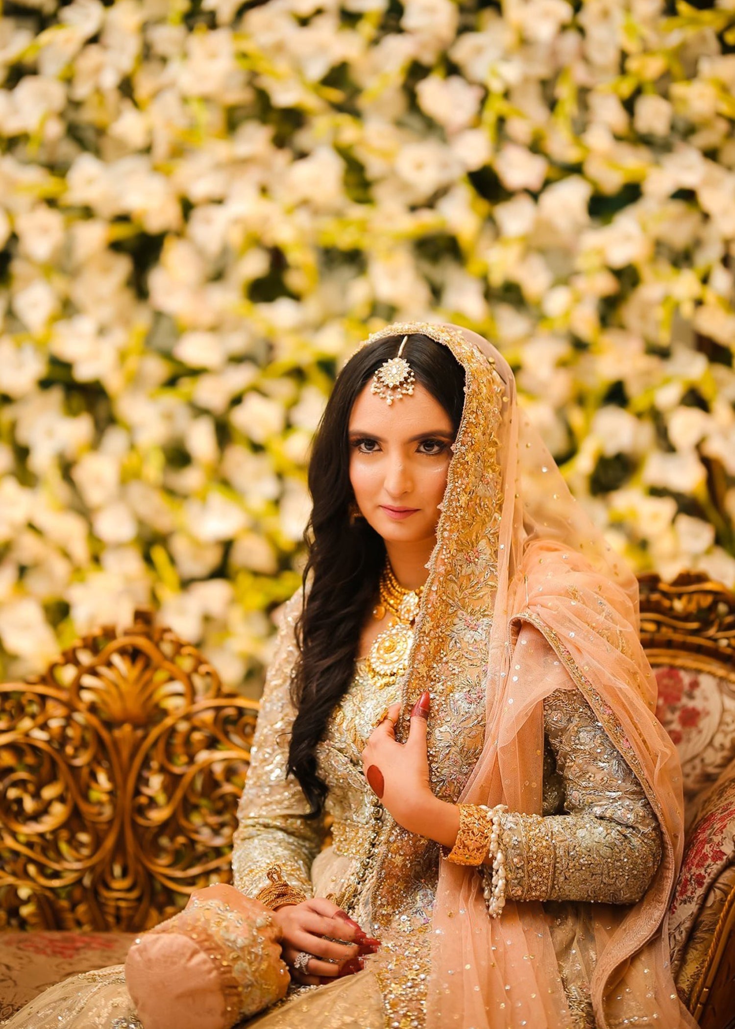 Pakistani Champagne Gold Embellished Net Silk Bridal Gown (2-Piece) - Image 9