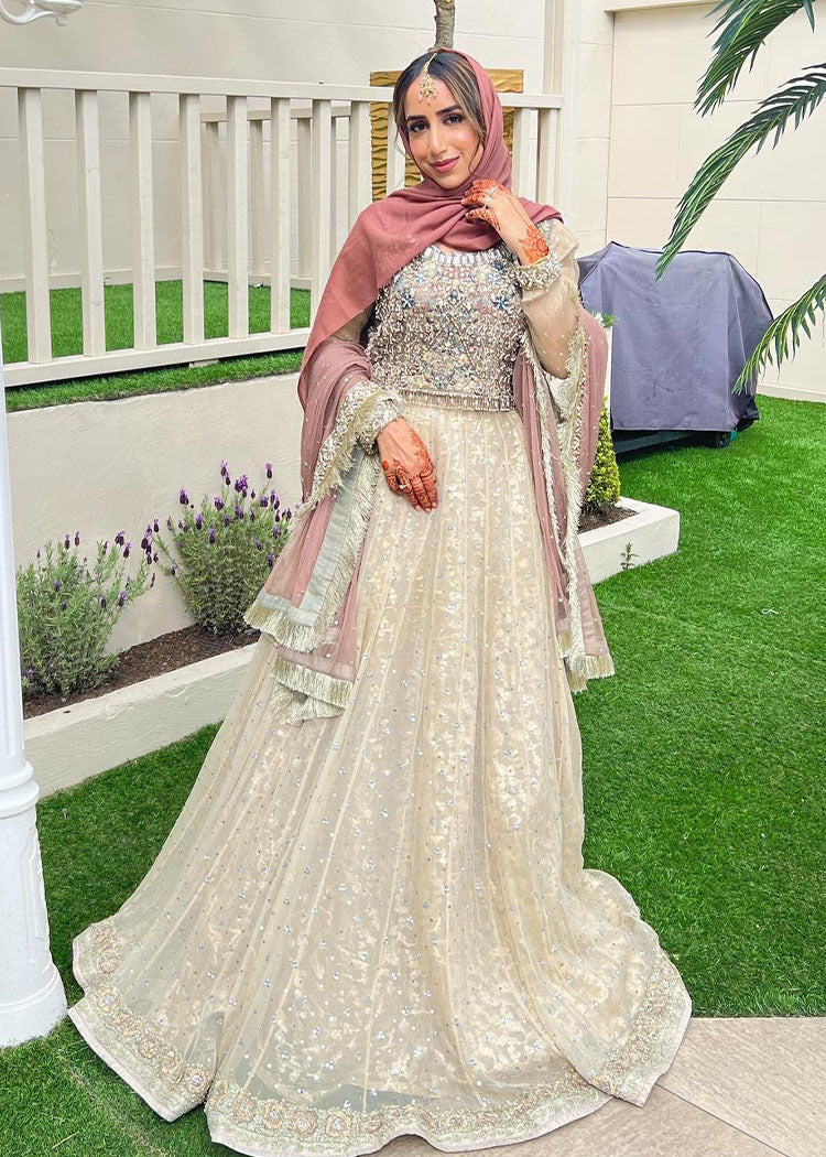 Pakistani Champagne Gold Embellished Net Bridal Gown (2-Piece) - Image 1