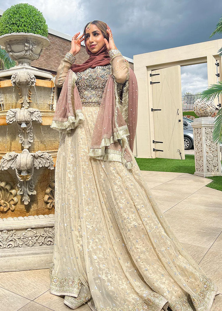 Pakistani Champagne Gold Embellished Net Bridal Gown (2-Piece) - Image 4