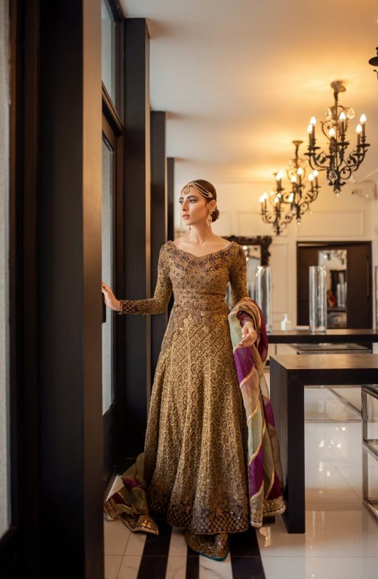 Dull Gold Zardozi Silk Floor-Length Gown (2-Piece) - Image 1