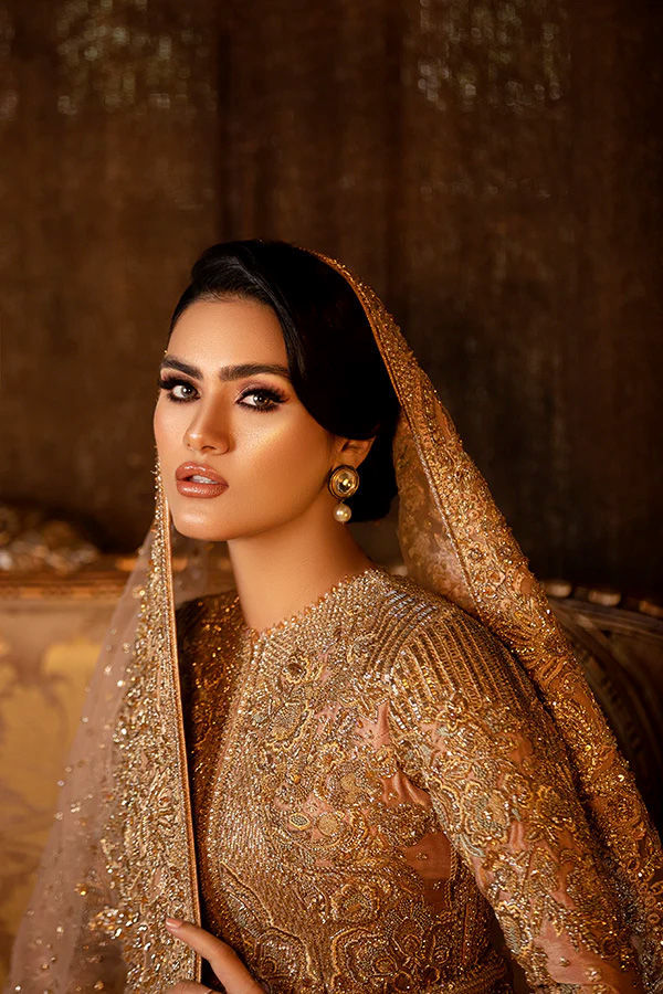 Pakistani Antique Gold Zardozi Silk Bridal Gown (2-Piece) - Image 4